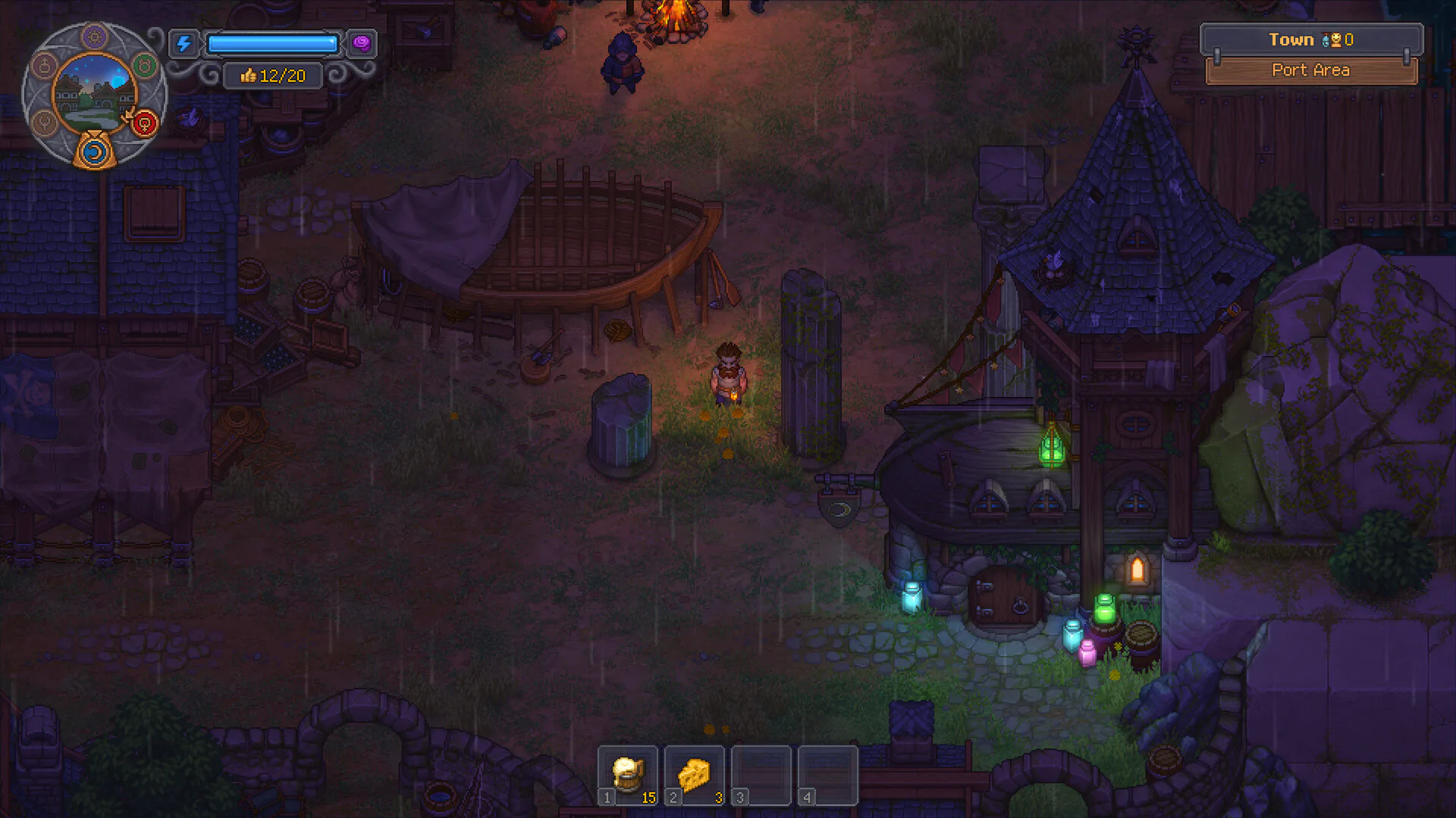 Graveyard Keeper 2 gameplay showing a village at night
