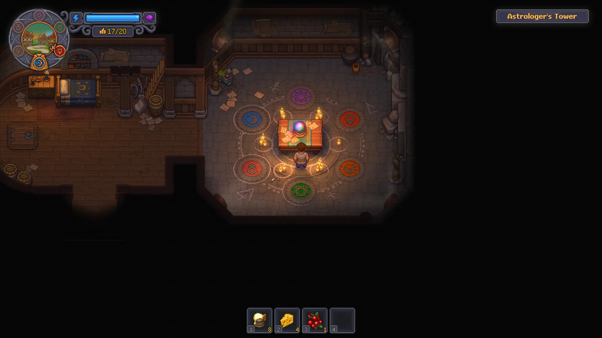 Graveyard Keeper 2 gameplay showing an indoor workstation by a fire