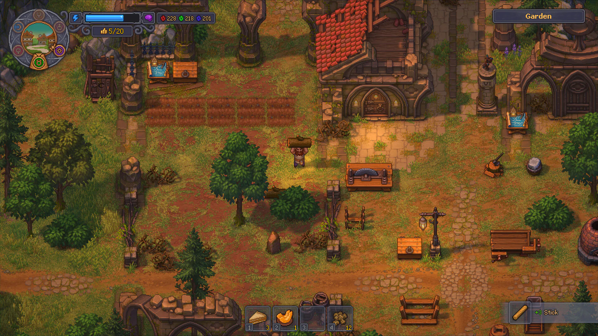 Graveyard Keeper 2 gameplay showing a work yard and nearby buildings